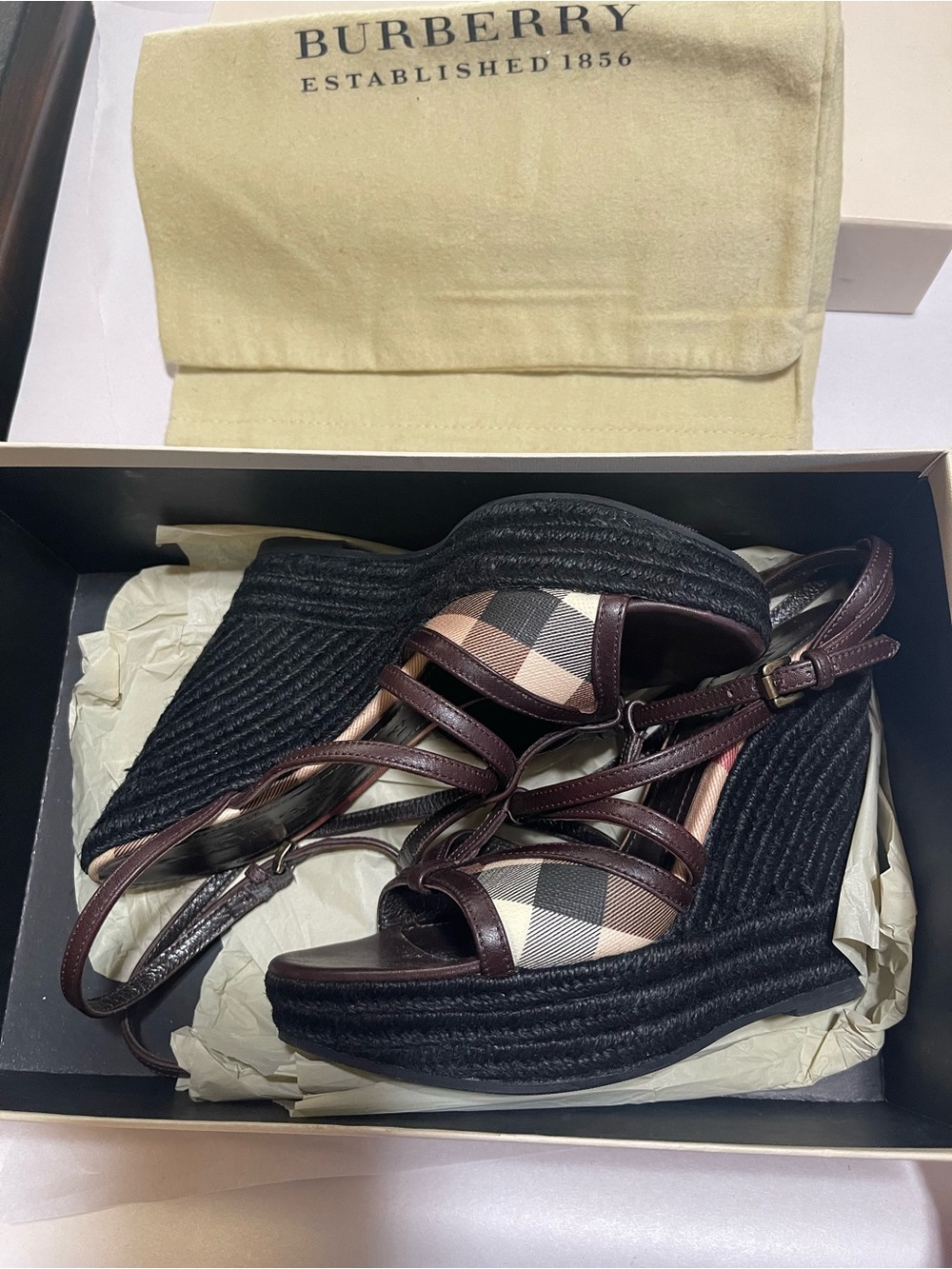 Burberry Black & Brown Check Wedge Sandals